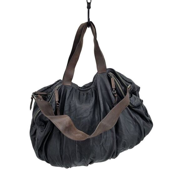 BCBGMAXAZRIA Black Leather Duffle Bag Travel Overnight Gym Weekend Tote Pockets - Picture 1 of 16